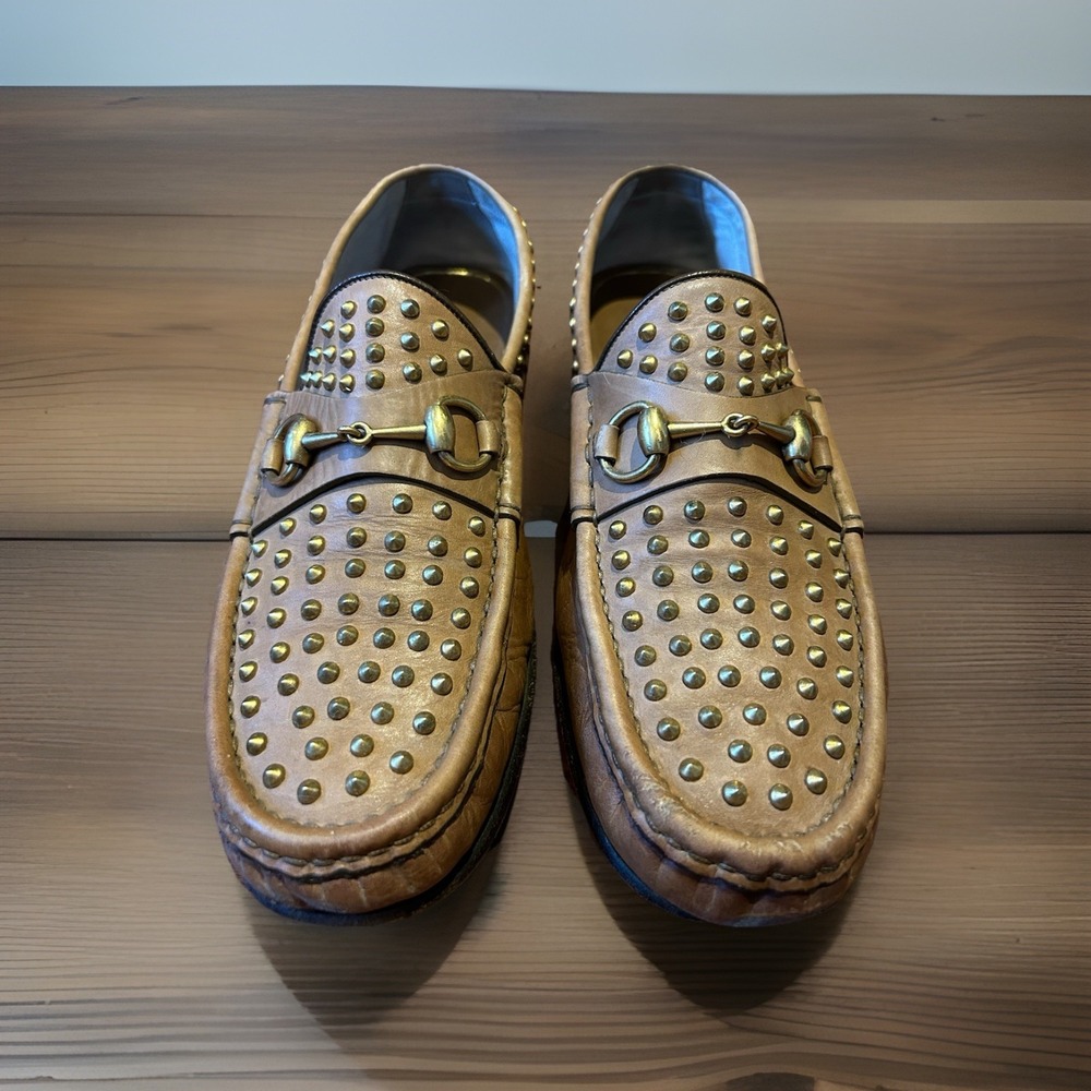 Gucci Brown Studded Leather Horsebit Loafers